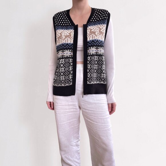 Gina Peters Sweaters - Vintage Fair Isle Sweater Vest PXL Full Zip Christmas Retro Ski Black White Blue